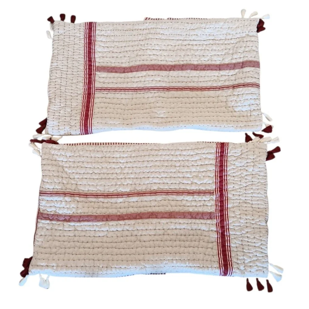 Pottery Barn Nellie Pick Stitch Red & Cream Reversible King Quilt & 2 Shams